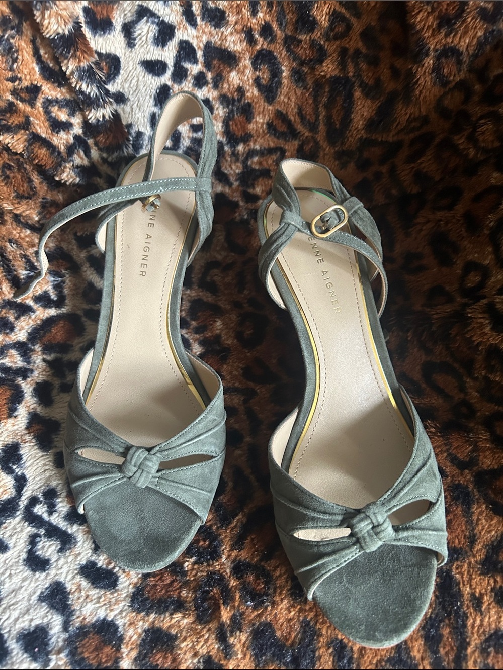 Etienne Aigner Olive Green Suede Knot Front Heels